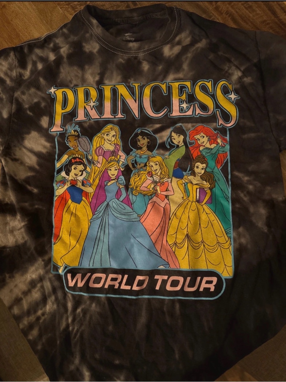 Disney Black Tie-Dye "World Tour" Graphic Tee with Blue and Pink Accents